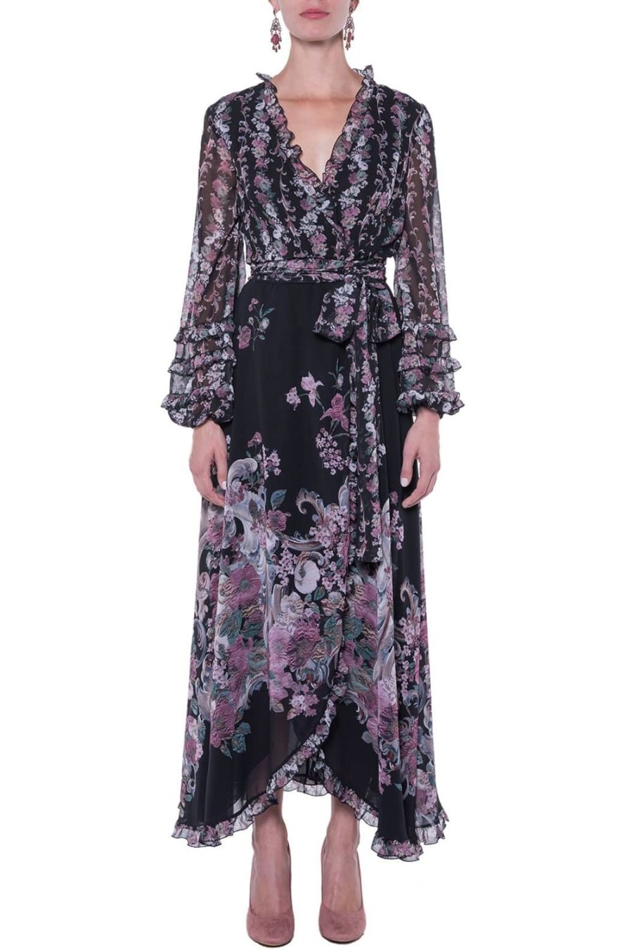 Dresses | Luisa Beccaria Georgette Printed Flowers Wrap Dress