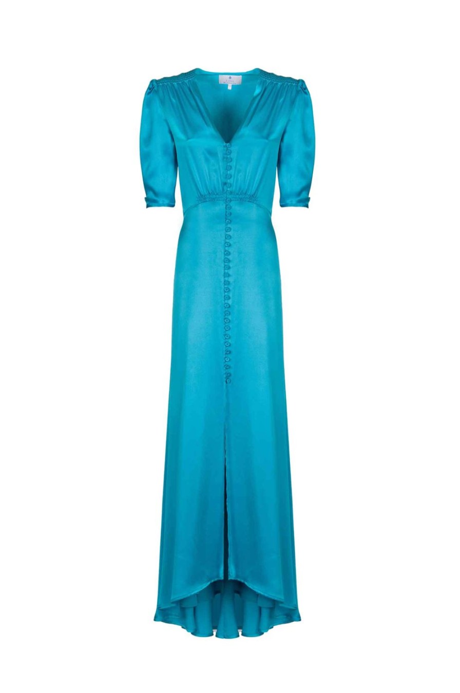 Dresses | Luisa Beccaria Turquoise Silk Bottoncino Dress With Short Sleeves