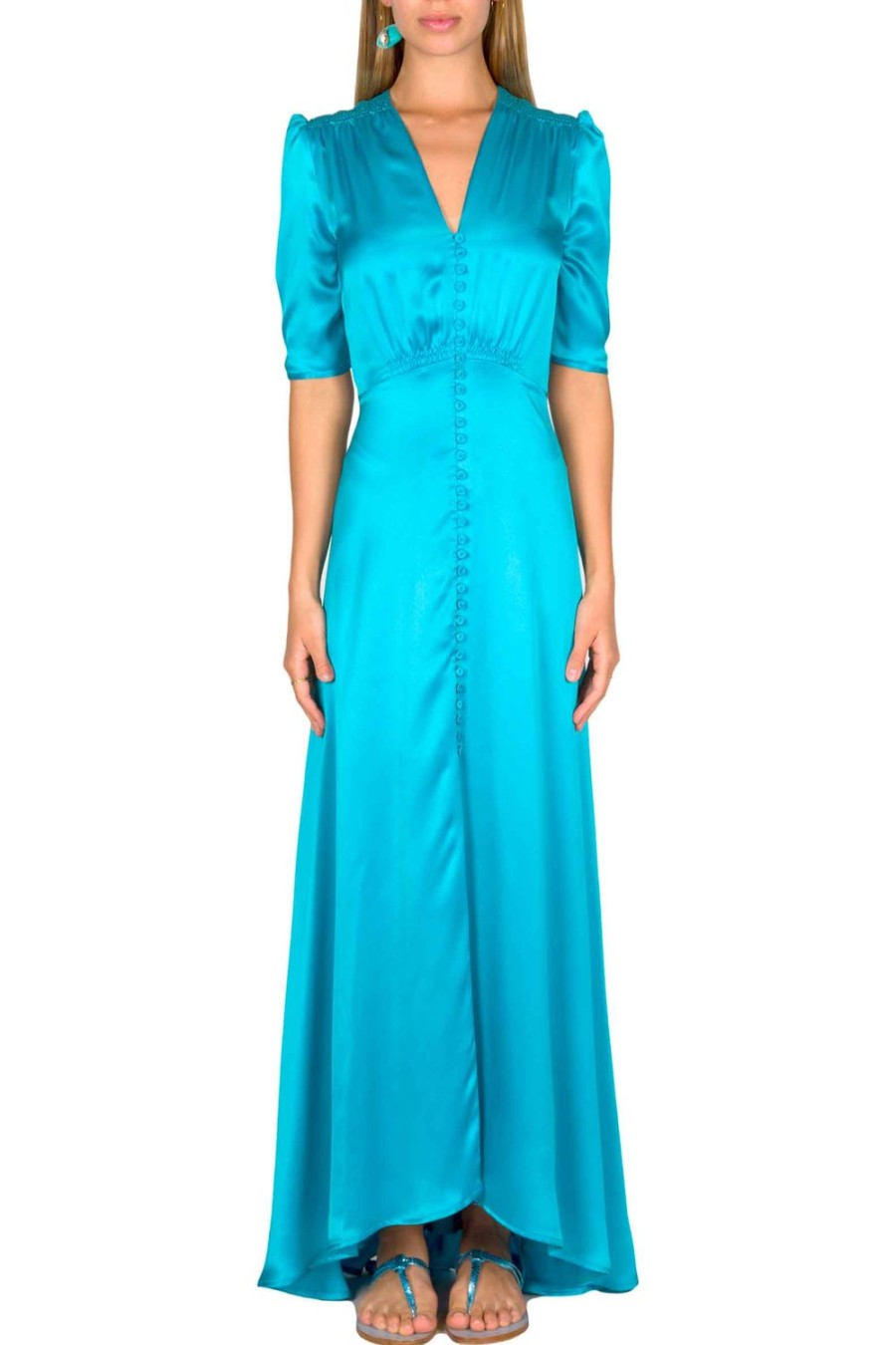 Dresses | Luisa Beccaria Turquoise Silk Bottoncino Dress With Short Sleeves