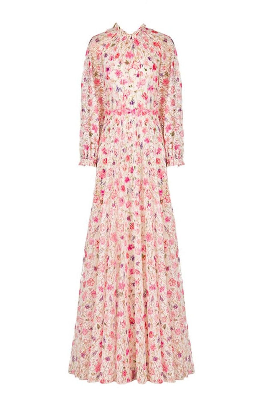 Dresses | Luisa Beccaria Floral Printed Mock Neck Lace Maxi Dress