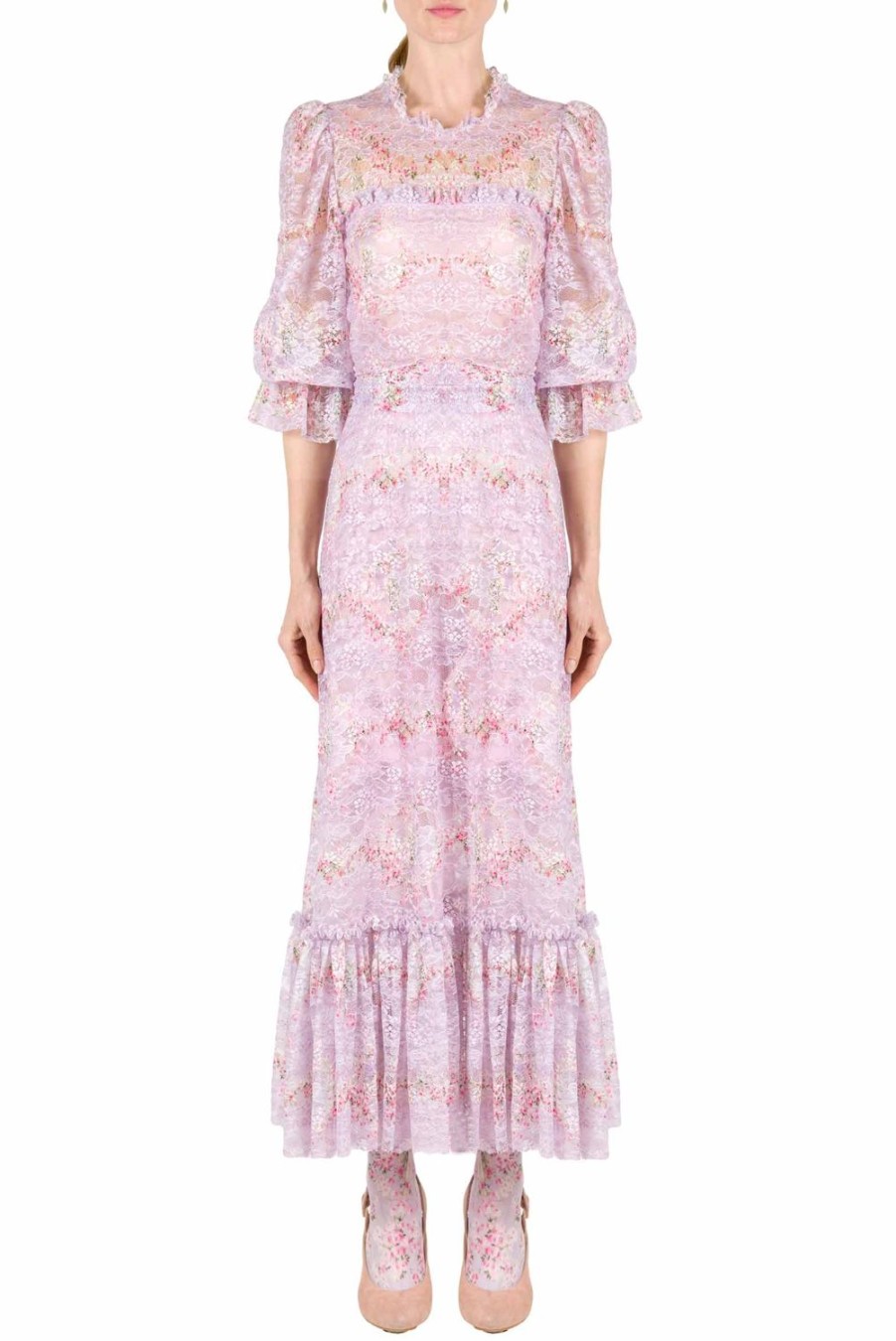 Dresses | Luisa Beccaria Printed Circle Of Roses Lace Dress With Ruffle