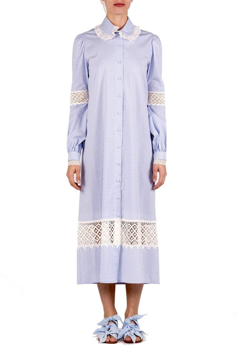 Dresses | Luisa Beccaria Gingham Cotton Shirt Dress With Lace